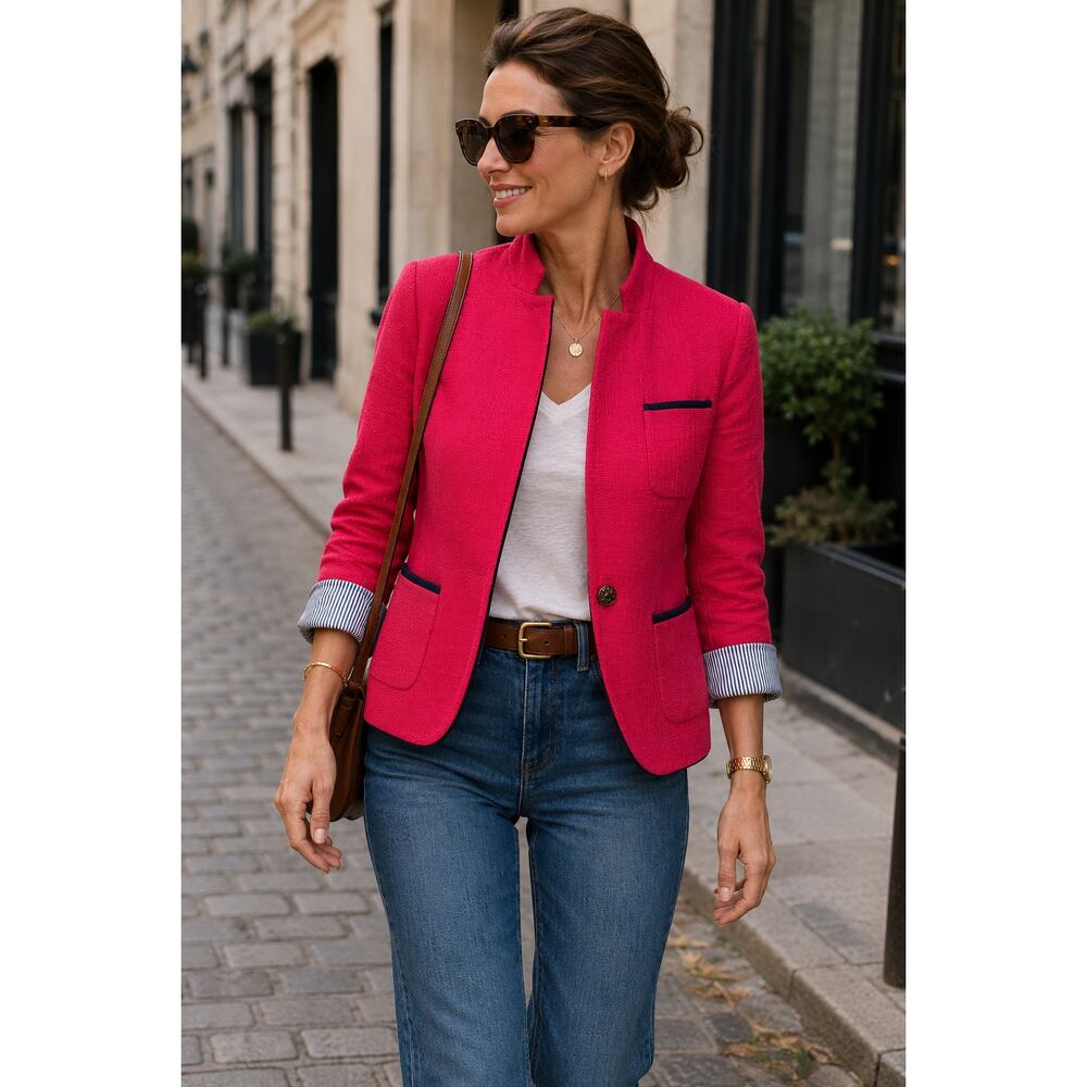 Banana Republic Hot Pink Textured Jacket 12 Navy Trim Military Mod Preppy Chic